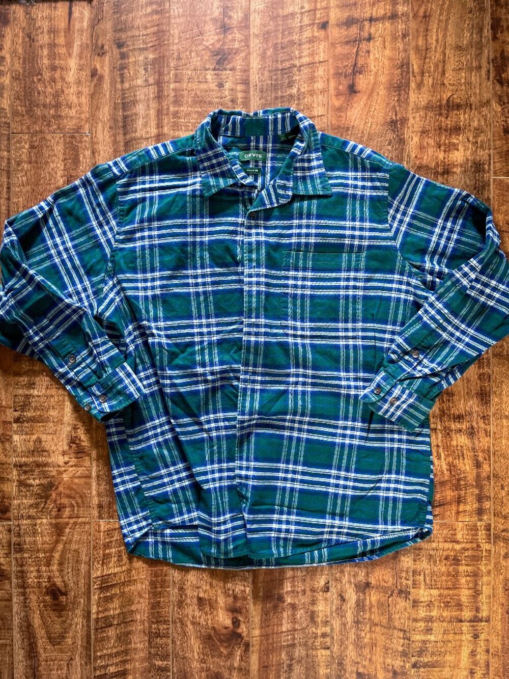 Orvis Green Blue Plaid Flannel Shirt Size XL
